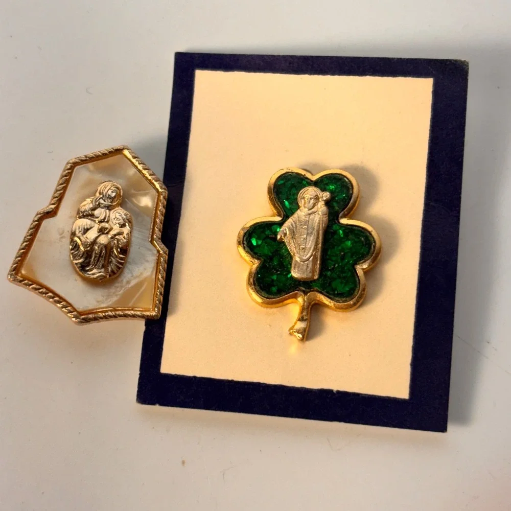 Vintage Religious Pin Set Gold Green Saint Patrick Mother Mary Catholic Jewelry